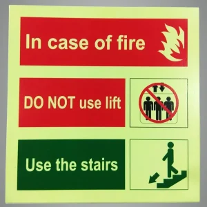 Green & Yellow Emergency Fire Safety Sign 'In Case Of Fire Do Not Use Lift, Use Stairs' Glow-In-The-Dark Safety Board For Business, Office, School, Hotel, Cafe, Hospital Green & Yellow, 8X8 Inch