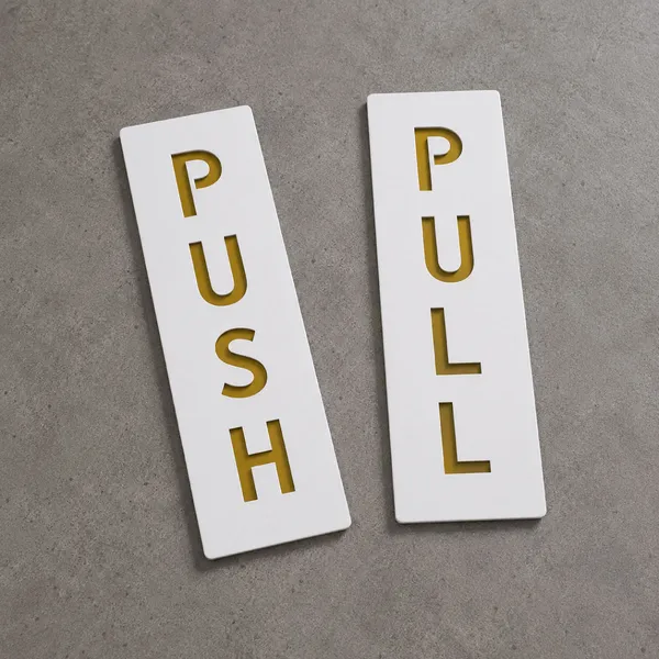 Push & Pull Premium White & Golden Finish Acrylic Push Pull Door Sign 6 X 2 Inch Easy Mount Self-Adhesive Tape Signage For Hotel, Office, Corporate, Business, Resort & Society - Image 2