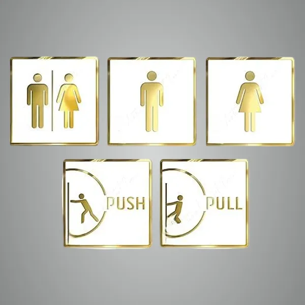 White & Gold Premium Finish Acrylic Men, Women, Restroom, Push & Pull Door Sign Set Easy Mount 3M Self-Adhesive Tape Signage For Hotel, Office, Corporate & Business Use