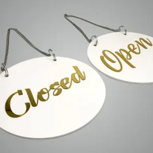 Open & Close Premium White Gold Finish Acrylic Open & Close Hanging Door Sign Elegant Double-Sided Signage For Resort, Society, Hotel, Office, Corporate, Business & Hospital