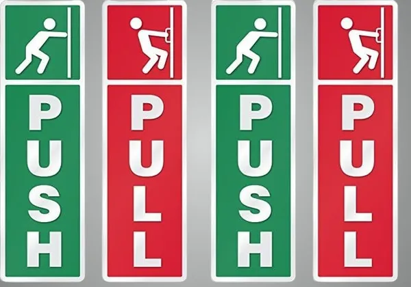 Multicolor Self Adhesive Push And Pull Sign Stickers For Glass, Wood, Or Metal Doors | Easy To Apply, Design For Home, Office, Business (Set Of 4)