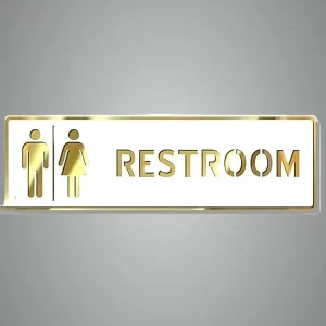 Rectangle Restroom Premium White & Golden Finish Acrylic Restroom Door Sign 10 X 3 Inch Easy Mount Self-Adhesive Tape Signage For Hotel, Office, Corporate, Business, Resort & Society