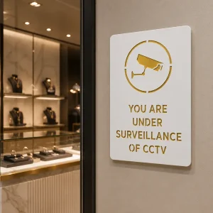 White & Gold Cctv Sign Cctv Surveillance Sign Acrylic Self-Adhesive Board (5.5 X 9 Inch) Elegant Security Notice For Office, Shop, Mall, Hotel, Hospital, School, Cafe, Corporate Spaces - Image 3